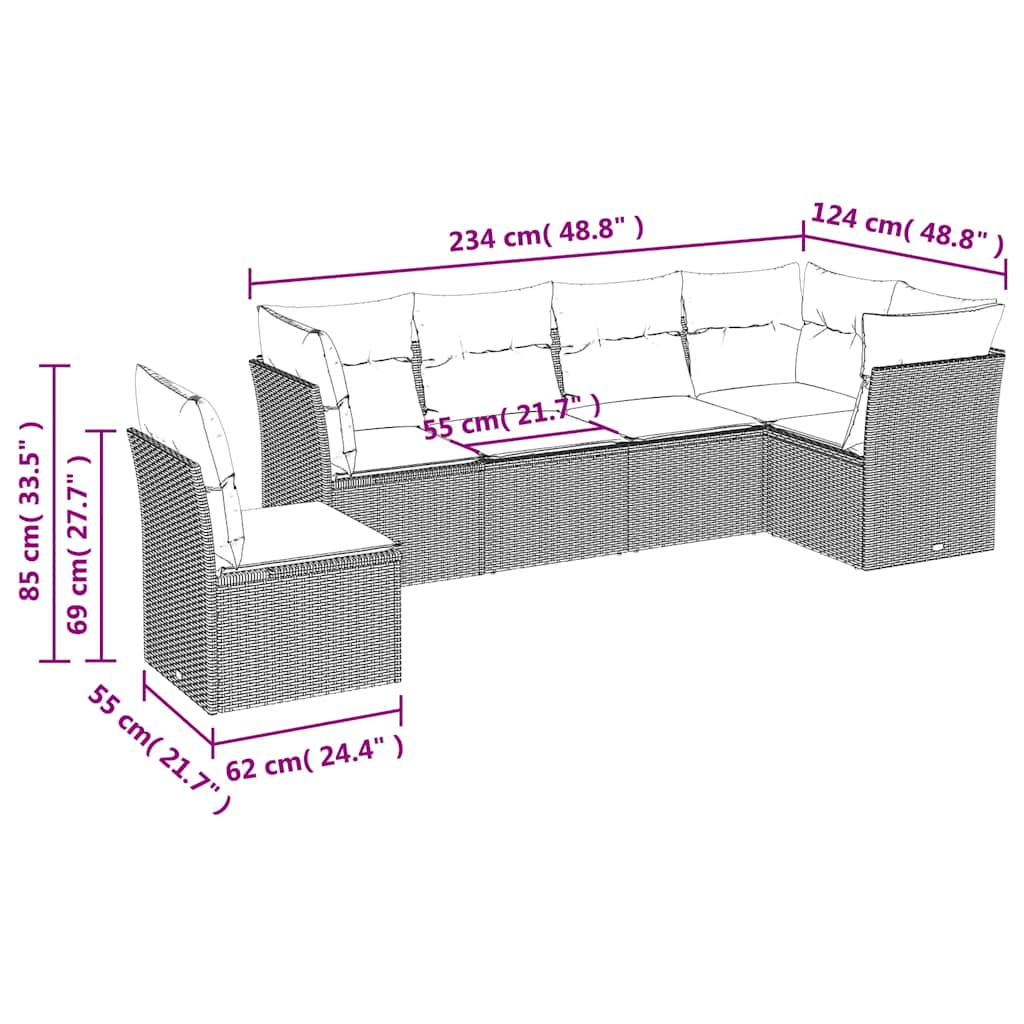 6 részes fekete polyrattan kerti ülőgarnitúra párnákkal 3