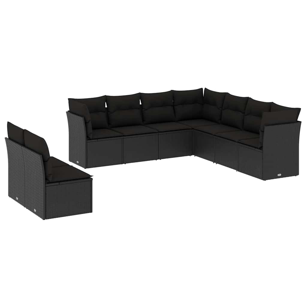 9 részes fekete polyrattan kerti ülőgarnitúra párnákkal 2