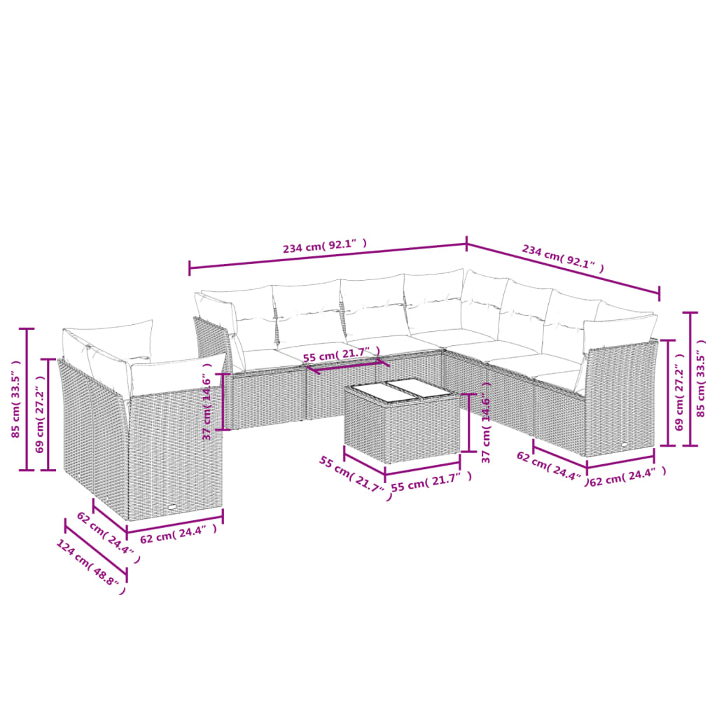 10 részes bézs polyrattan kerti ülőgarnitúra párnával 3