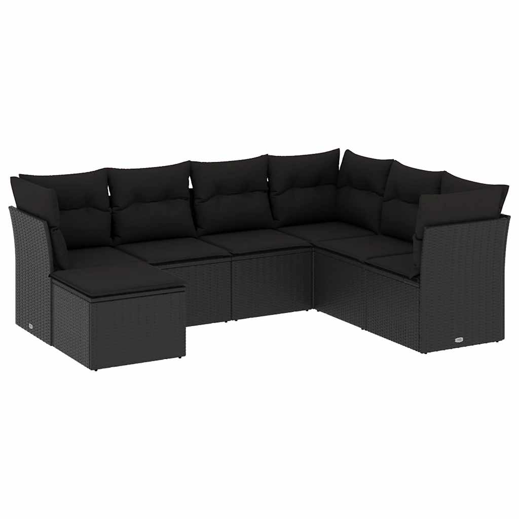 7 részes fekete polyrattan kerti ülőgarnitúra párnával 2