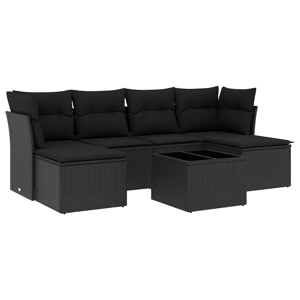 7 részes fekete polyrattan kerti ülőgarnitúra párnával 2