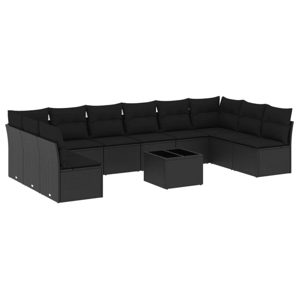 11 részes fekete polyrattan kerti ülőgarnitúra párnákkal 2