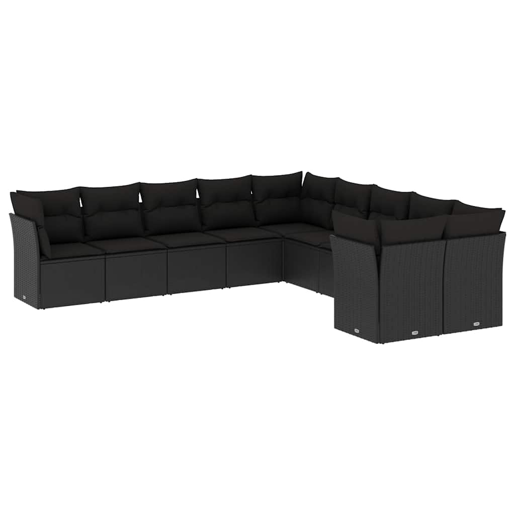 10 részes fekete polyrattan kerti ülőgarnitúra párnákkal 2