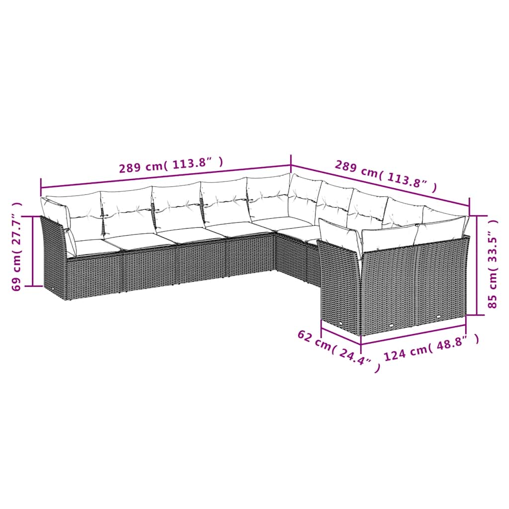 10 részes fekete polyrattan kerti ülőgarnitúra párnákkal 3