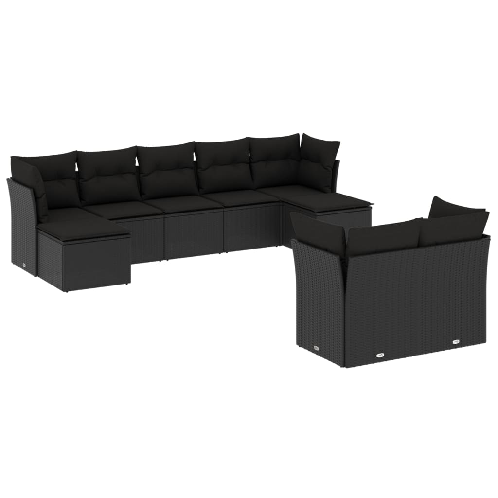 9 részes fekete polyrattan kerti ülőgarnitúra párnákkal 2