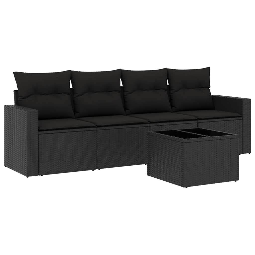 5 részes fekete polyrattan kerti kanapészett párnákkal 2