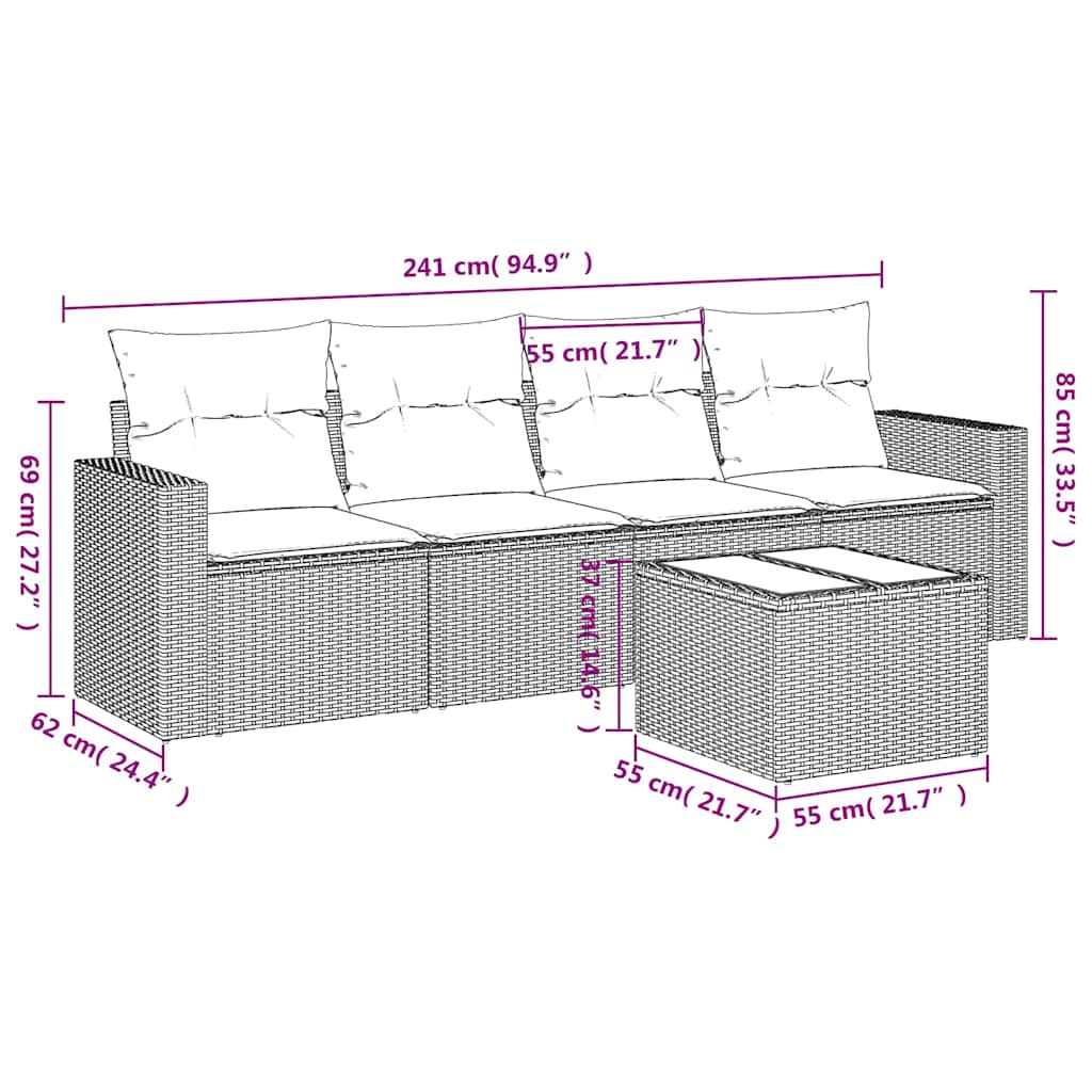 5 részes fekete polyrattan kerti kanapészett párnákkal 3