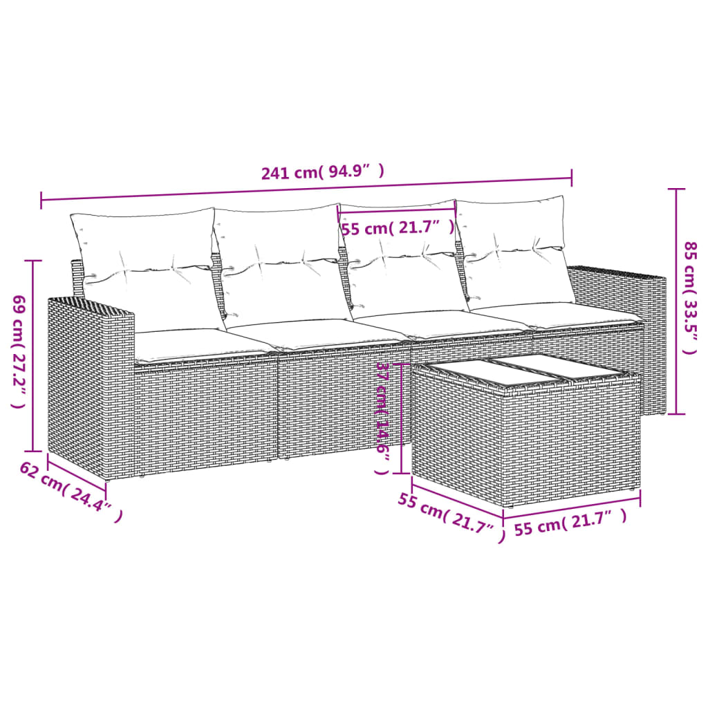 5 részes szürke polyrattan kerti ülőgarnitúra párnákkal 3