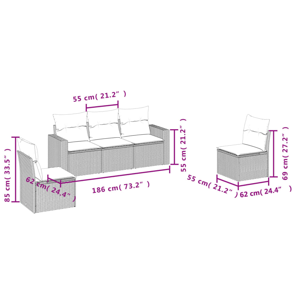5 részes bézs polyrattan kerti ülőgarnitúra párnákkal 3