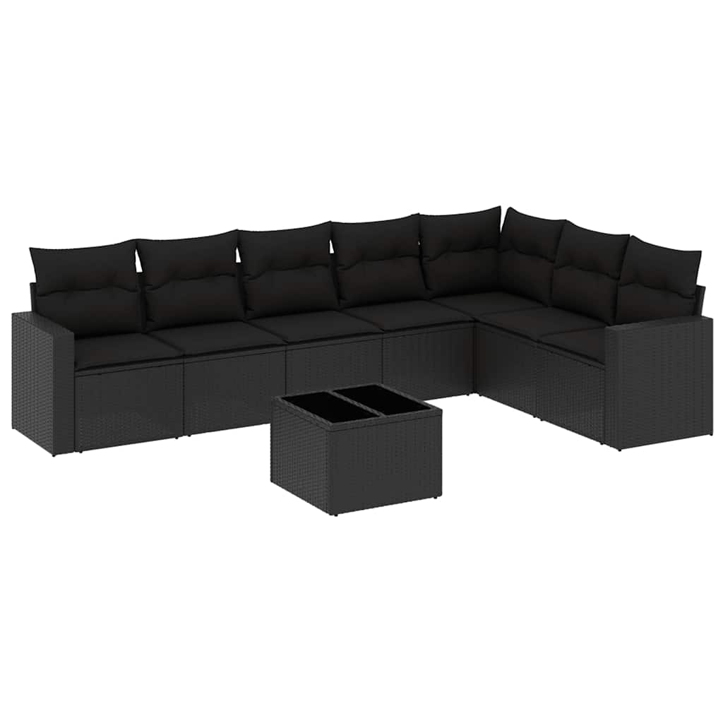 8 részes fekete polyrattan kerti ülőgarnitúra párnákkal 2