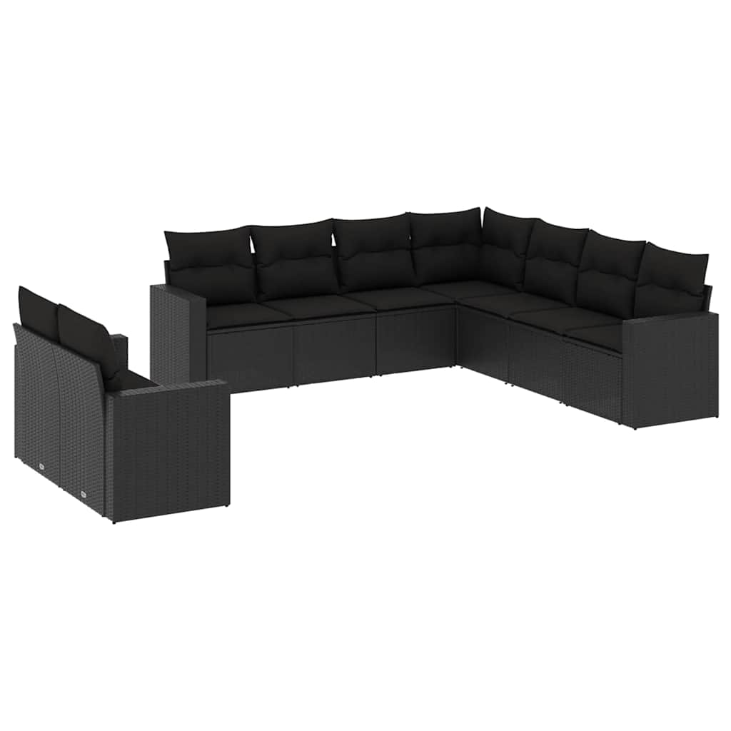 9 részes fekete polyrattan kerti ülőgarnitúra párnákkal 2