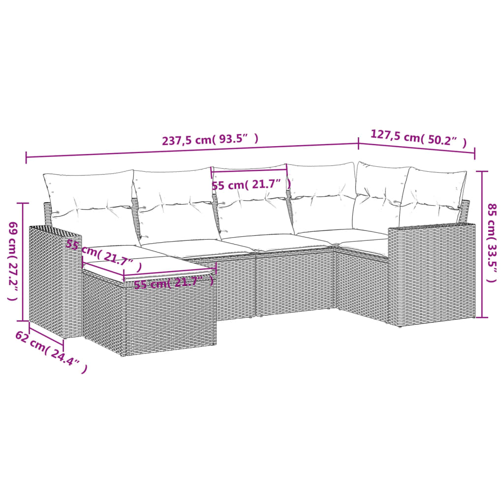 6 részes világosszürke polyrattan kerti ülőgarnitúra párnákkal 3