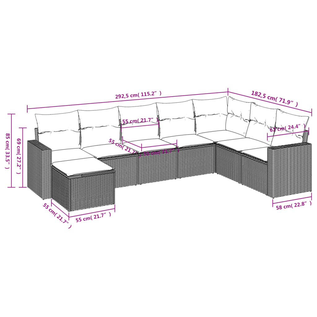 8 részes bézs polyrattan kerti ülőgarnitúra párnával 3