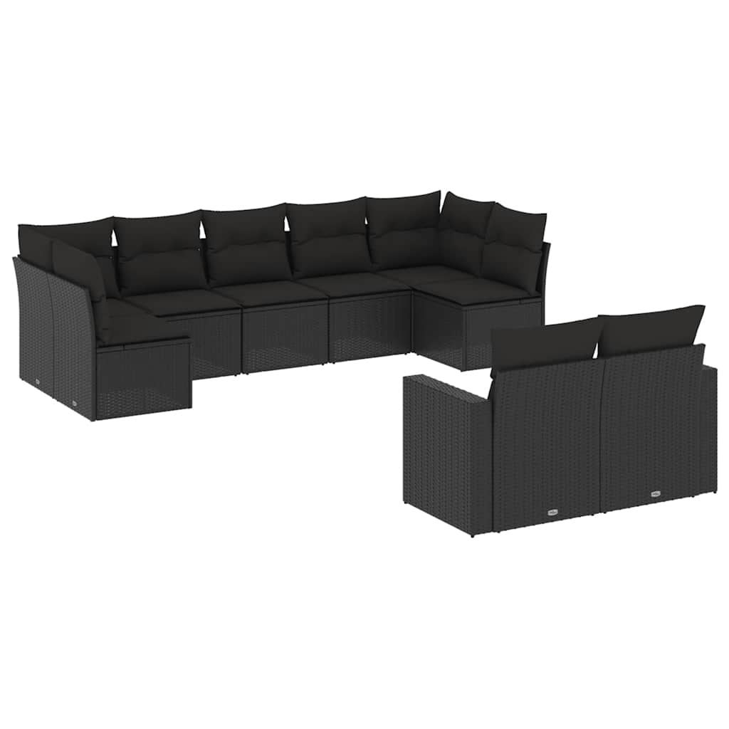9 részes fekete polyrattan kerti ülőgarnitúra párnákkal 2