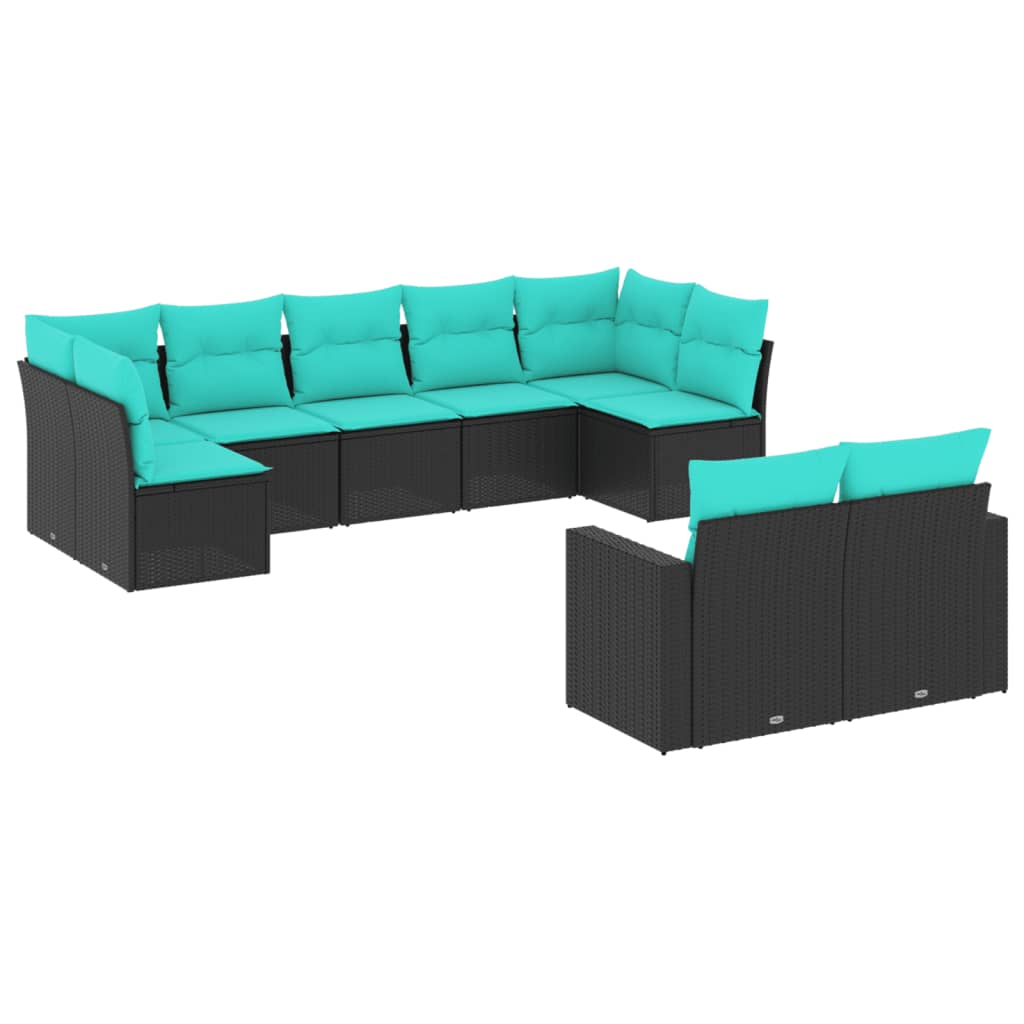 9 részes fekete polyrattan kerti ülőgarnitúra párnával 2