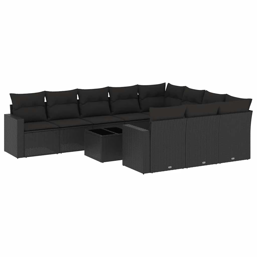 11 részes fekete polyrattan kerti ülőgarnitúra párnákkal 2
