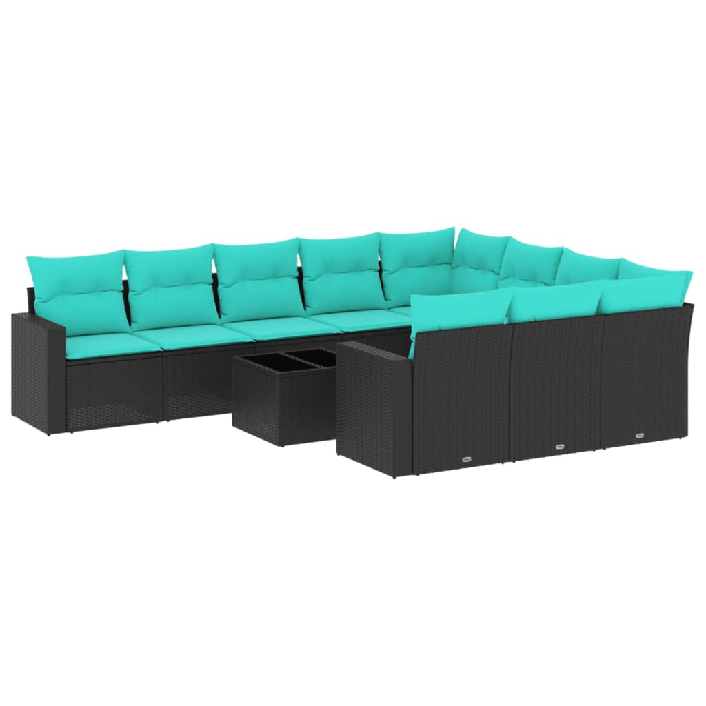 11 részes fekete polyrattan kerti ülőgarnitúra párnákkal 2