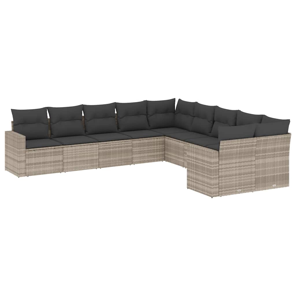 10 részes világosszürke polyrattan kerti ülőgarnitúra párnákkal 2