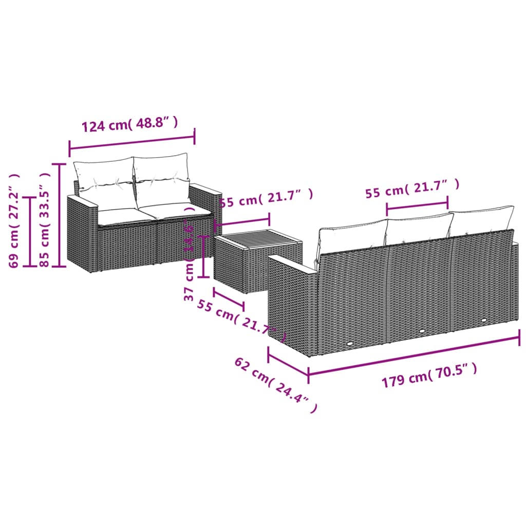 6 részes fekete polyrattan kerti ülőgarnitúra párnákkal 7