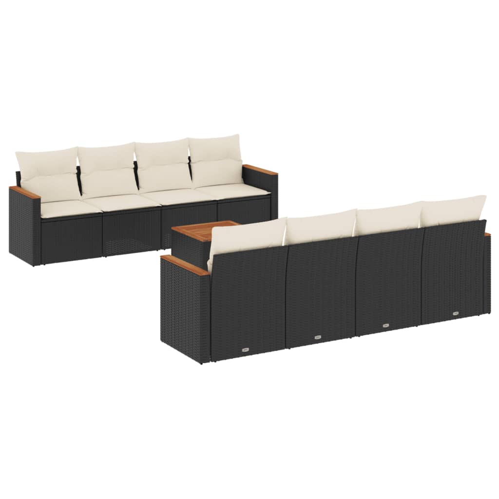 9 részes fekete polyrattan kerti ülőgarnitúra párnákkal 2