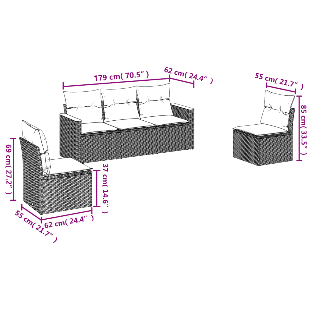 5 db szürke polyrattan kerti kanapégarnitúra párnákkal 7