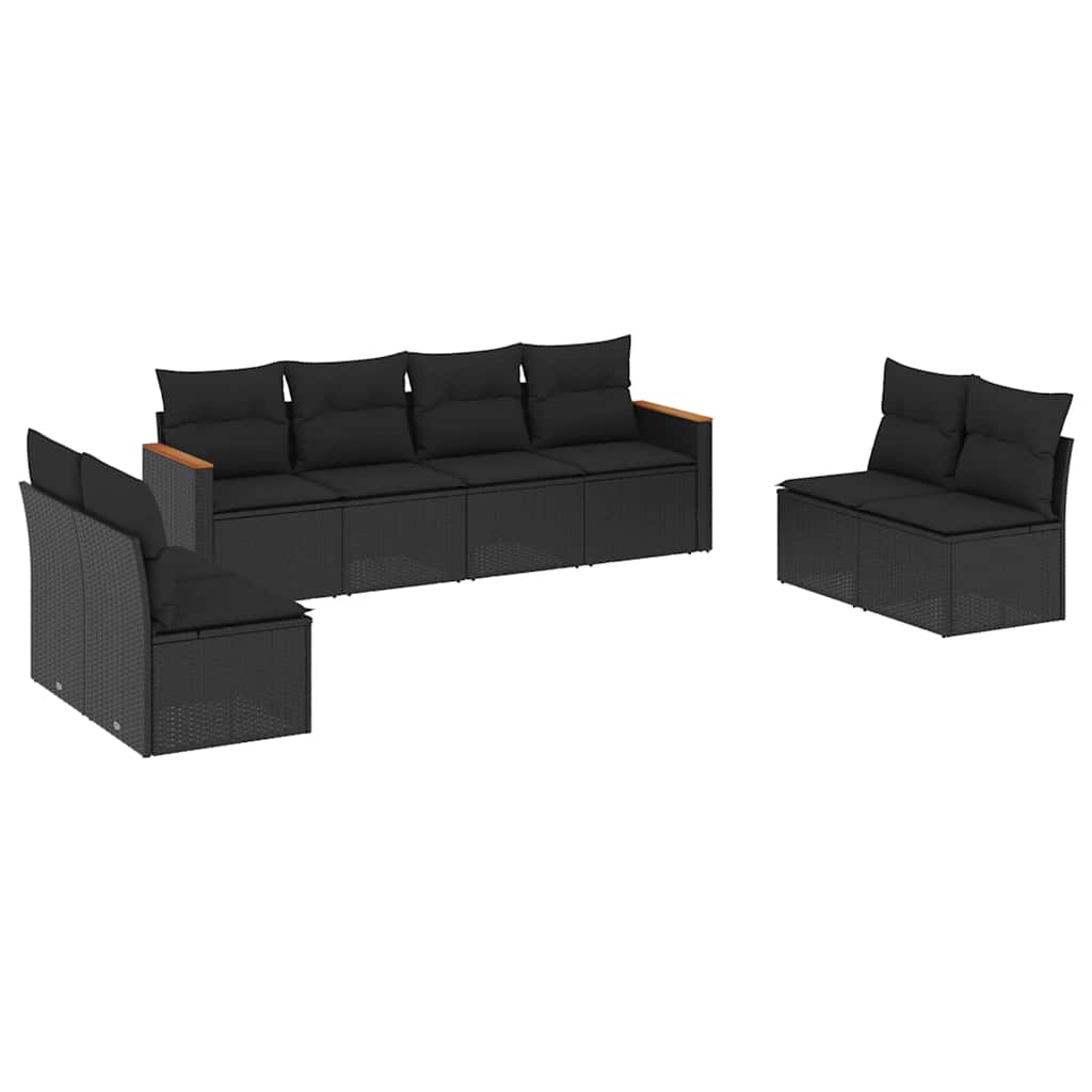 8 részes fekete polyrattan kerti ülőgarnitúra párnákkal 2