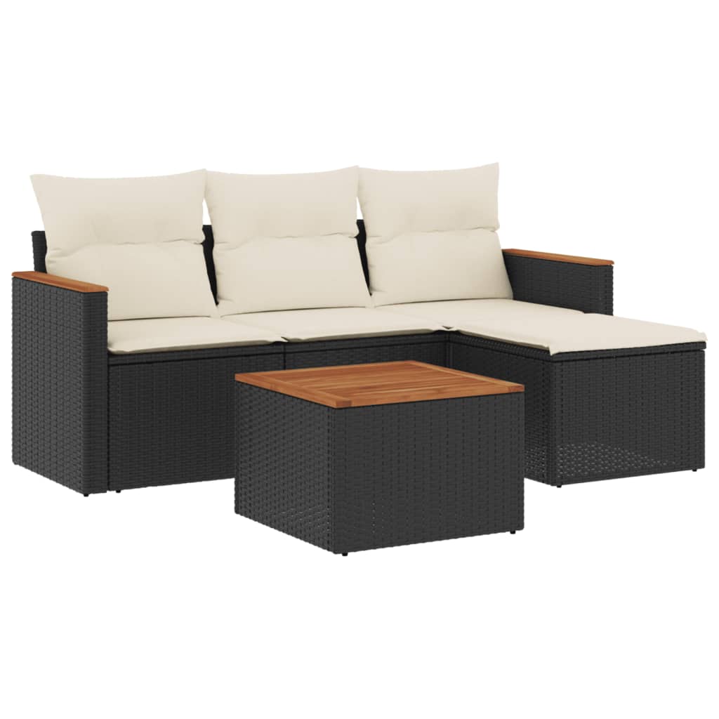 5 részes fekete polyrattan kerti kanapészett párnákkal 2