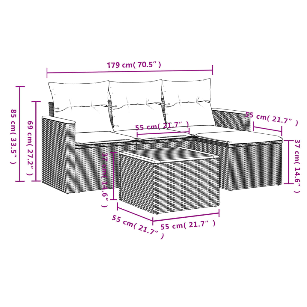 5 részes fekete polyrattan kerti kanapészett párnákkal 8