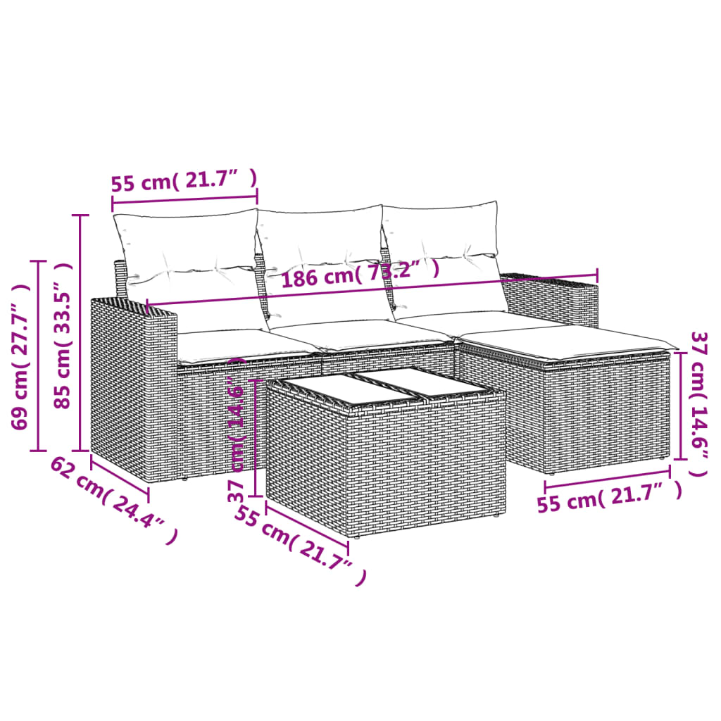 5 részes bézs polyrattan kerti ülőgarnitúra párnákkal 3