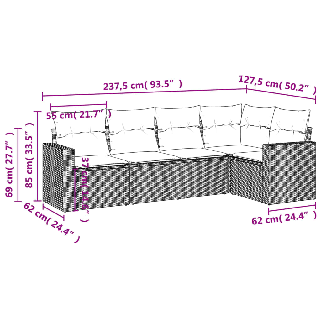 5 részes fekete polyrattan kerti kanapészett párnákkal 3