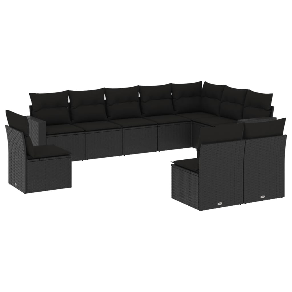 10 részes fekete polyrattan kerti ülőgarnitúra párnákkal 2