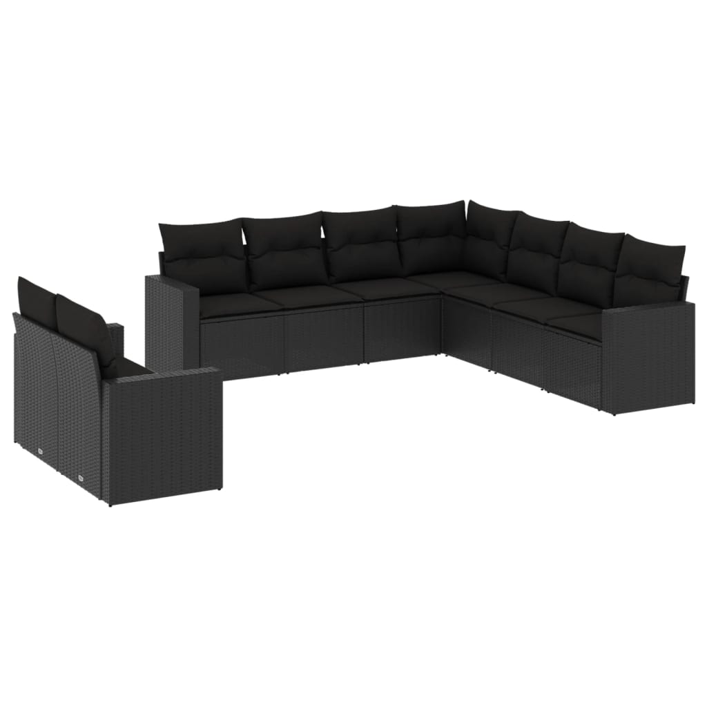 9 részes fekete polyrattan kerti ülőgarnitúra párnákkal 2