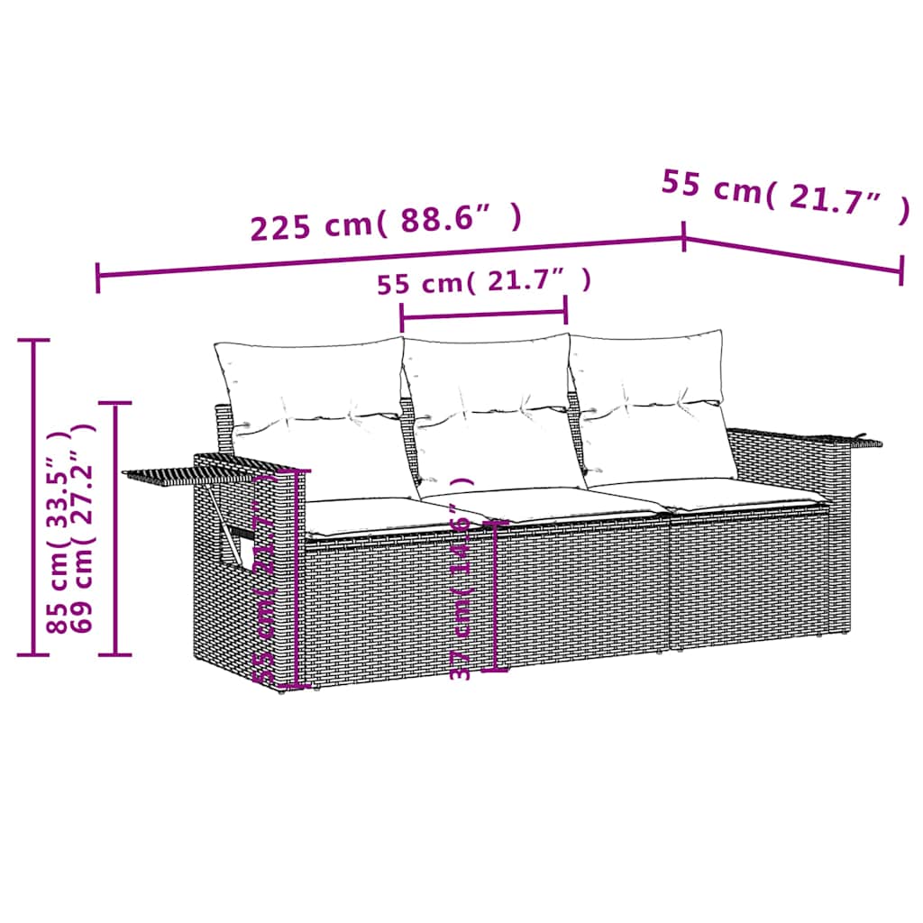 3 részes fekete polyrattan kerti ülőgarnitúra párnával 3