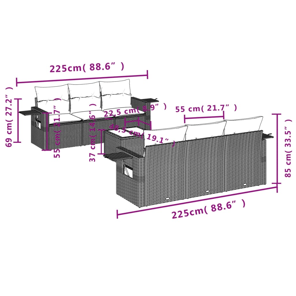7 részes világosszürke polyrattan kerti ülőgarnitúra párnákkal 3