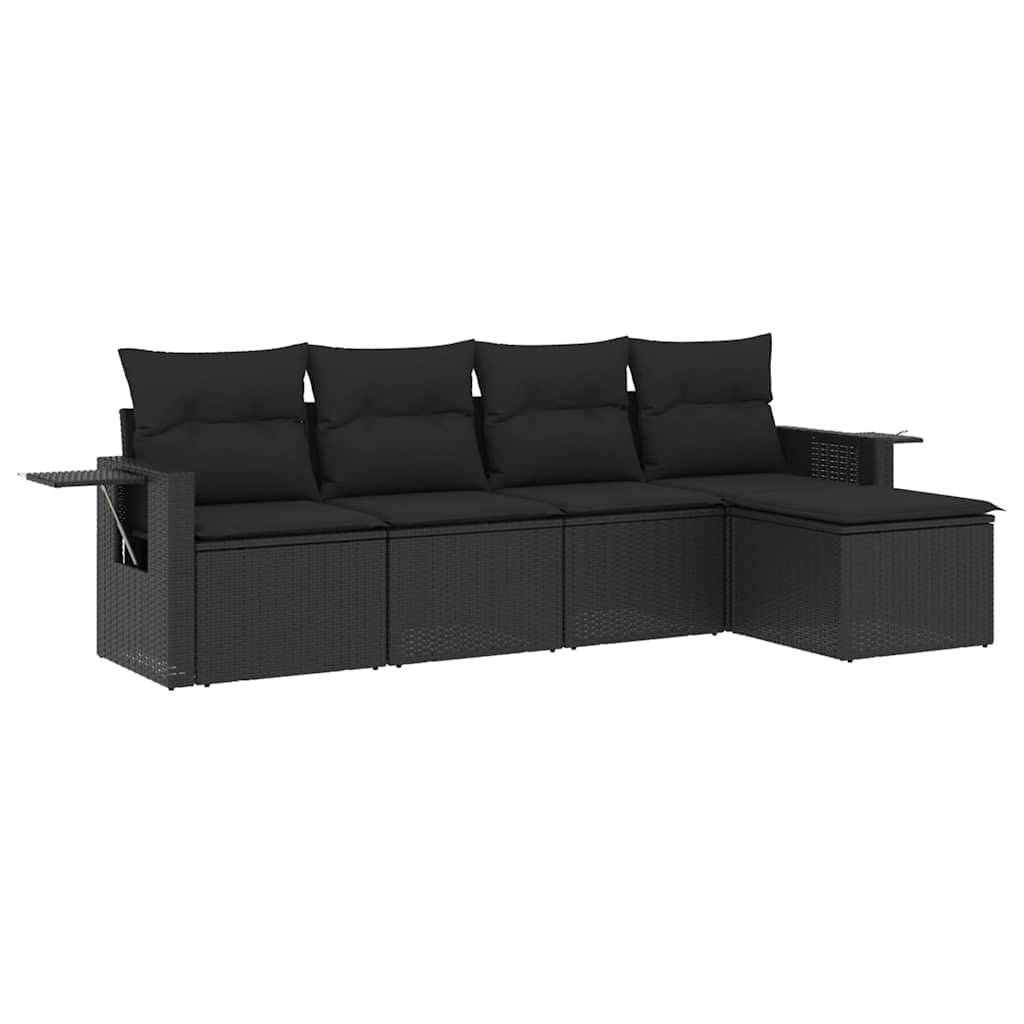 5 részes fekete polyrattan kerti kanapészett párnákkal 2