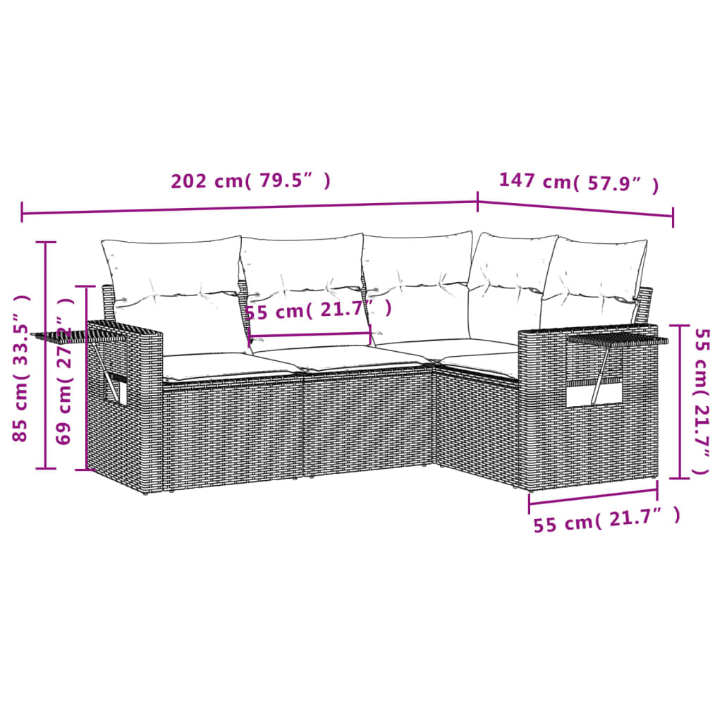 4 részes fekete polyrattan kerti ülőgarnitúra párnákkal 3