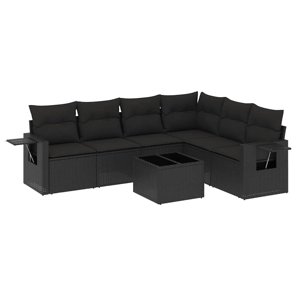 7 részes fekete polyrattan kerti ülőgarnitúra párnával 2
