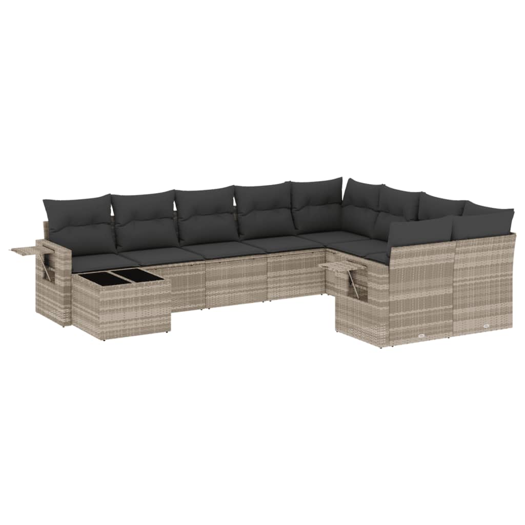 10 részes világosszürke polyrattan kerti ülőgarnitúra párnákkal 2