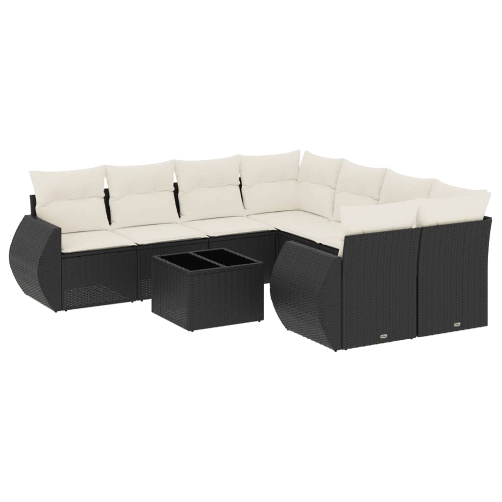 9 részes fekete polyrattan kerti ülőgarnitúra párnákkal 2