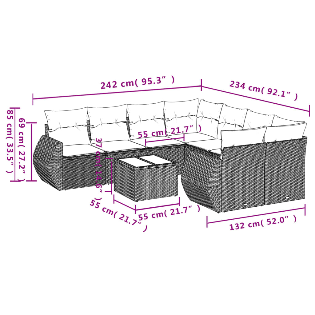 9 részes fekete polyrattan kerti ülőgarnitúra párnákkal 3