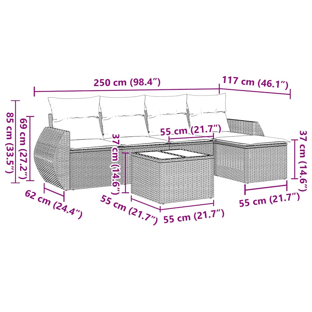 6 részes fekete polyrattan kerti ülőgarnitúra párnákkal 3