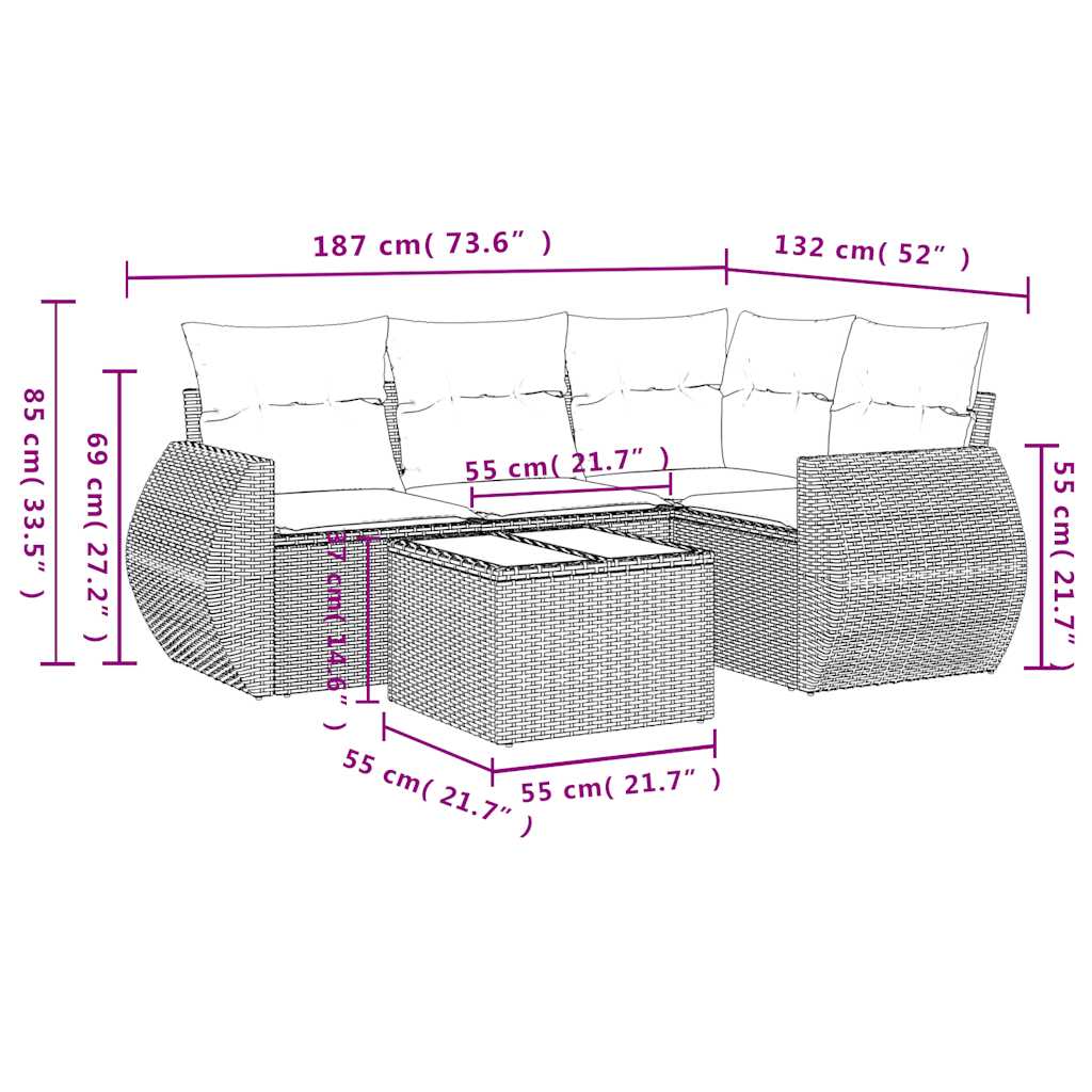 5 részes világosszürke polyrattan kerti ülőgarnitúra párnákkal 3