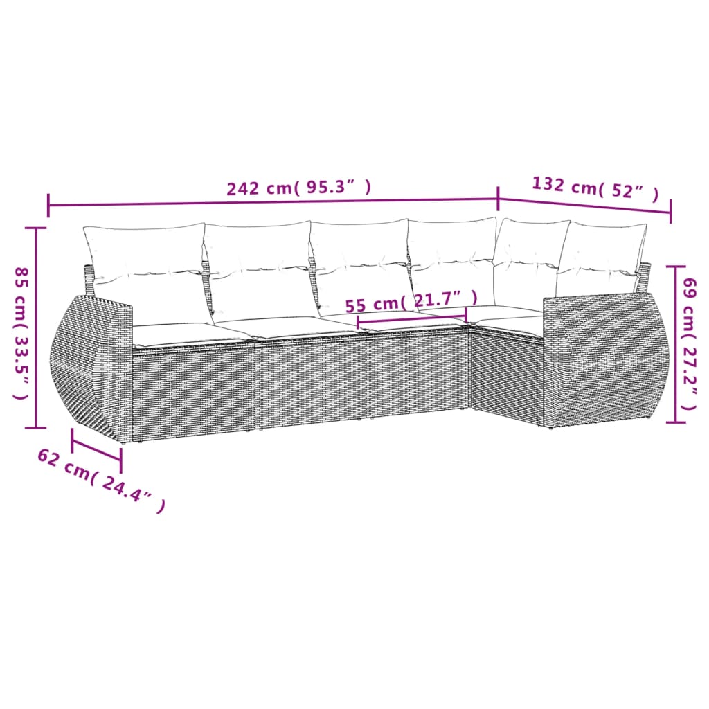 5 részes bézs polyrattan kerti ülőgarnitúra párnákkal 3