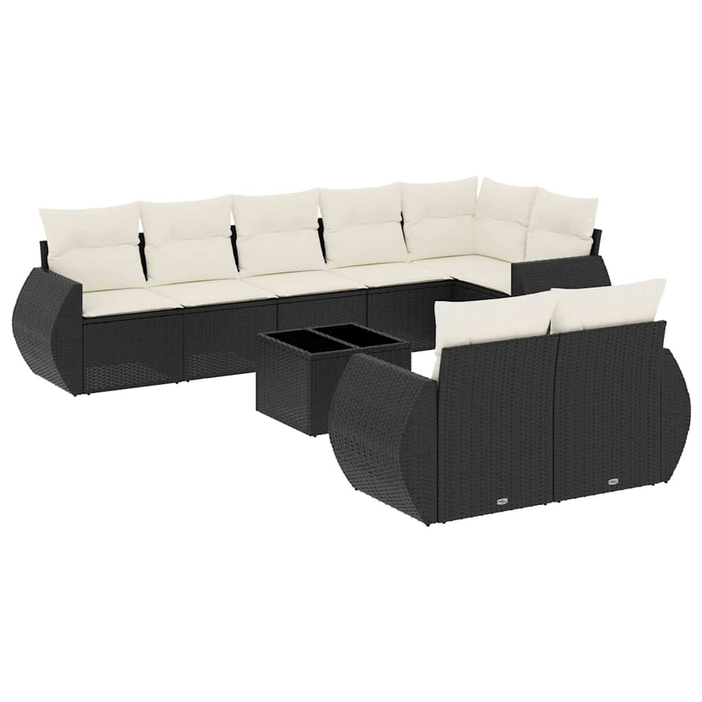 9 részes fekete polyrattan kerti ülőgarnitúra párnákkal 2