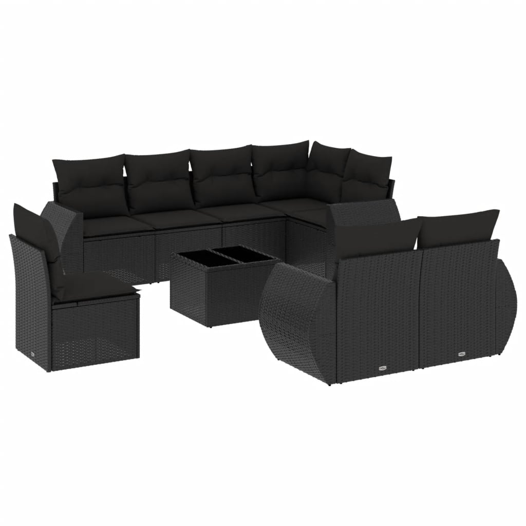 9 részes fekete polyrattan kerti ülőgarnitúra párnákkal 2