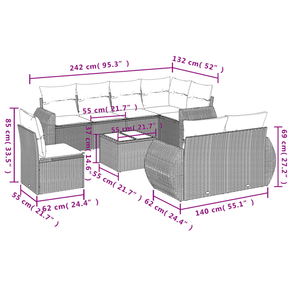 9 részes fekete polyrattan kerti ülőgarnitúra párnákkal 3
