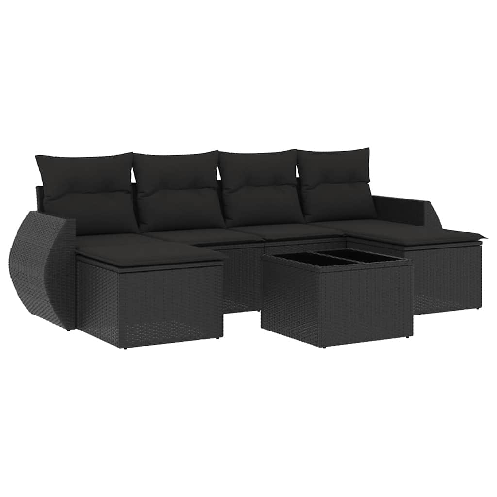 7 részes fekete polyrattan kerti ülőgarnitúra párnával 2
