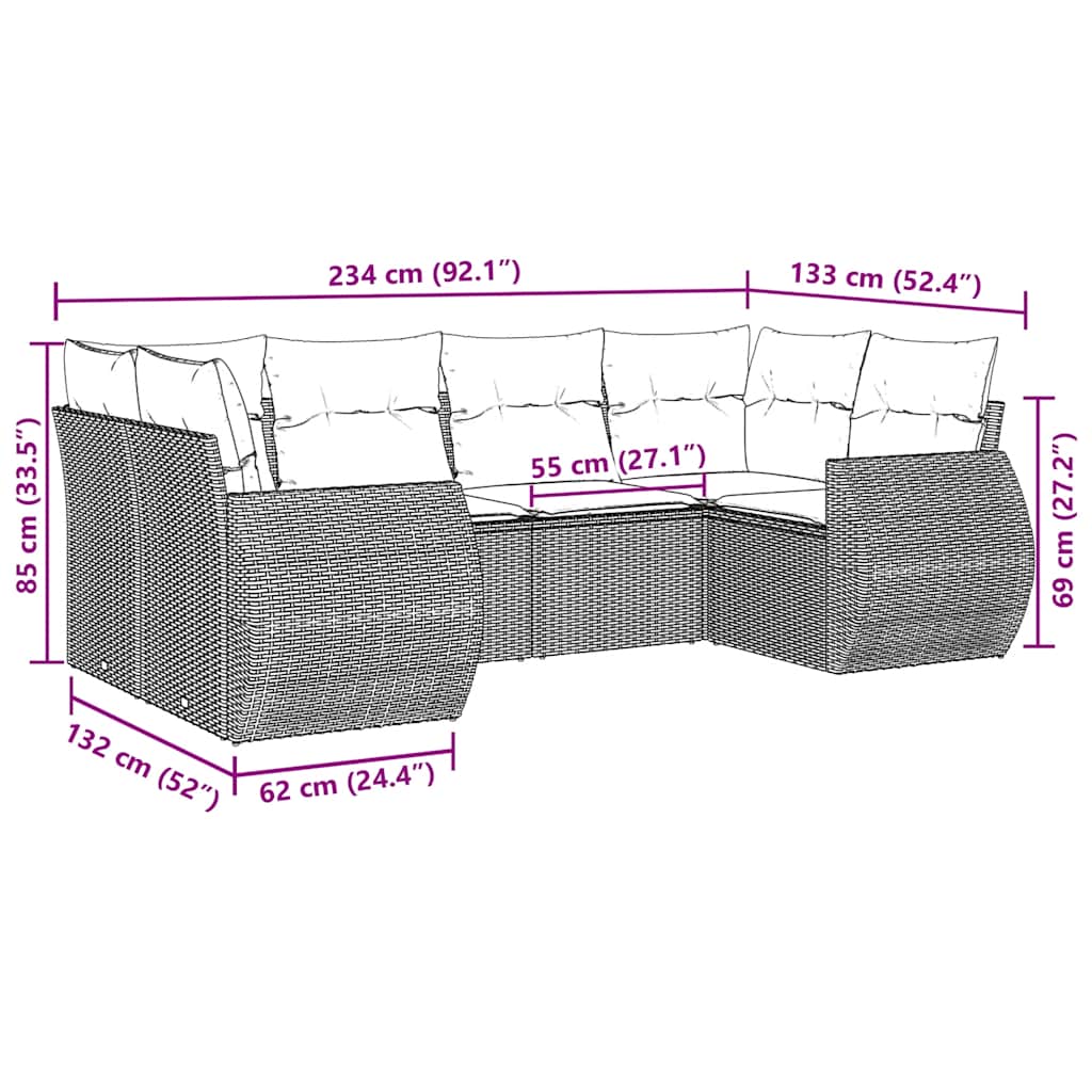 6 részes fekete polyrattan kerti ülőgarnitúra párnákkal 3