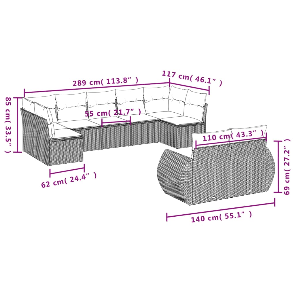 9 részes fekete polyrattan kerti ülőgarnitúra párnákkal 3