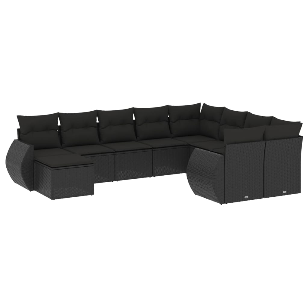 10 részes fekete polyrattan kerti ülőgarnitúra párnákkal 2